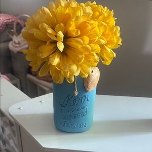 Blue Mason Jar with Yellow Flowers